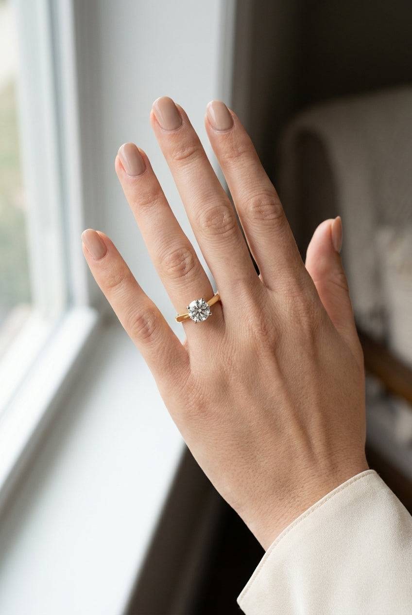 1 carat round lab grown diamond engagement ring - full hand scale