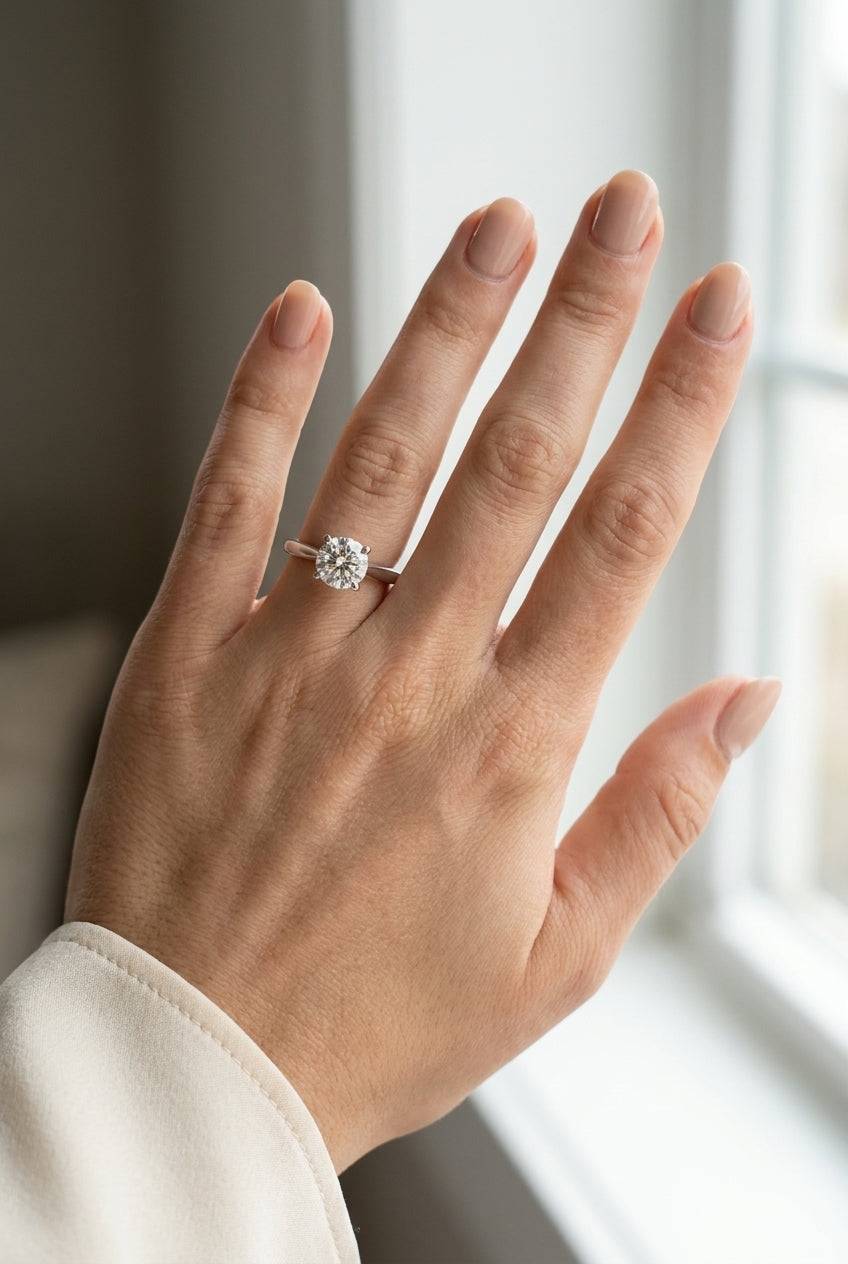 1 carat round lab grown diamond engagement ring - full hand scale