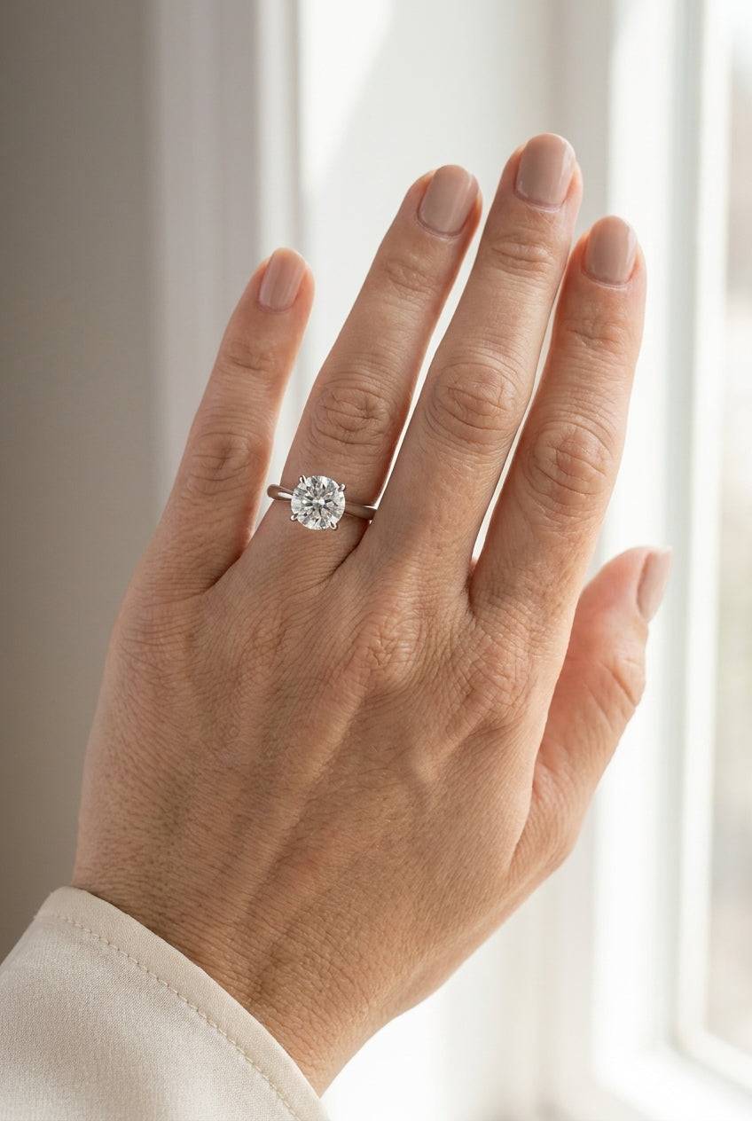 1.5 carat round lab grown diamond engagement ring - full hand scale