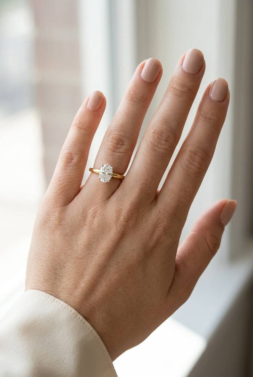 1 carat oval lab grown diamond engagement ring - full hand scale