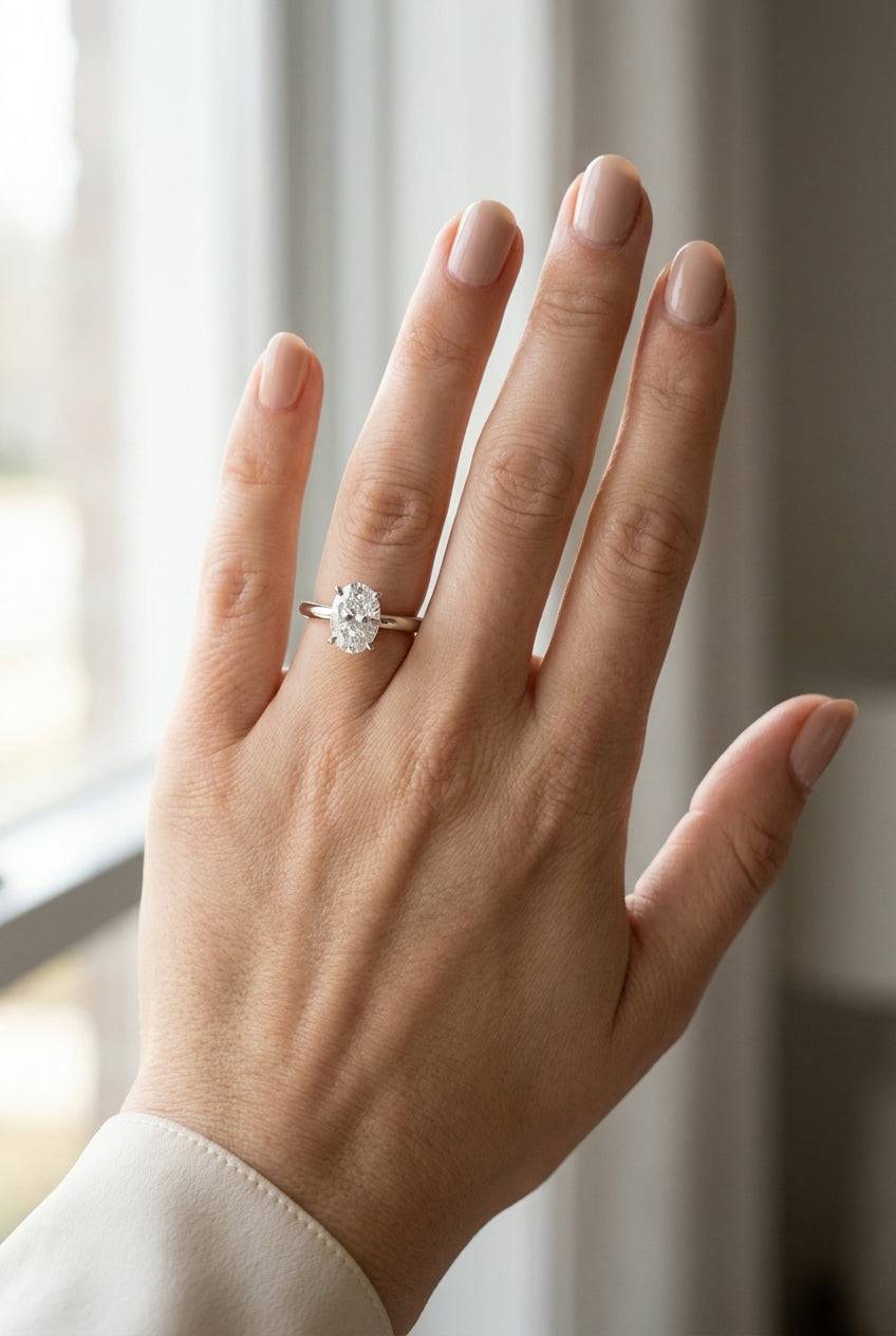 1 carat oval lab grown diamond engagement ring - full hand scale