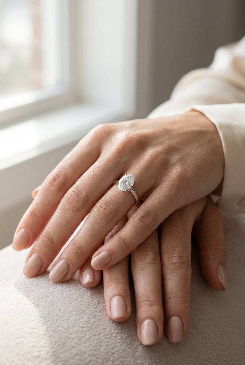 1.5 carat oval lab grown diamond engagement ring - full hand scale
