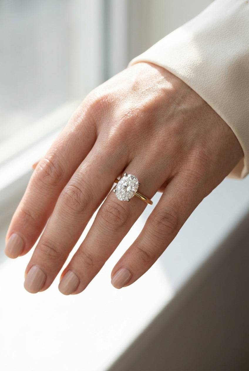 5 carat oval lab grown diamond engagement ring - full hand scale
