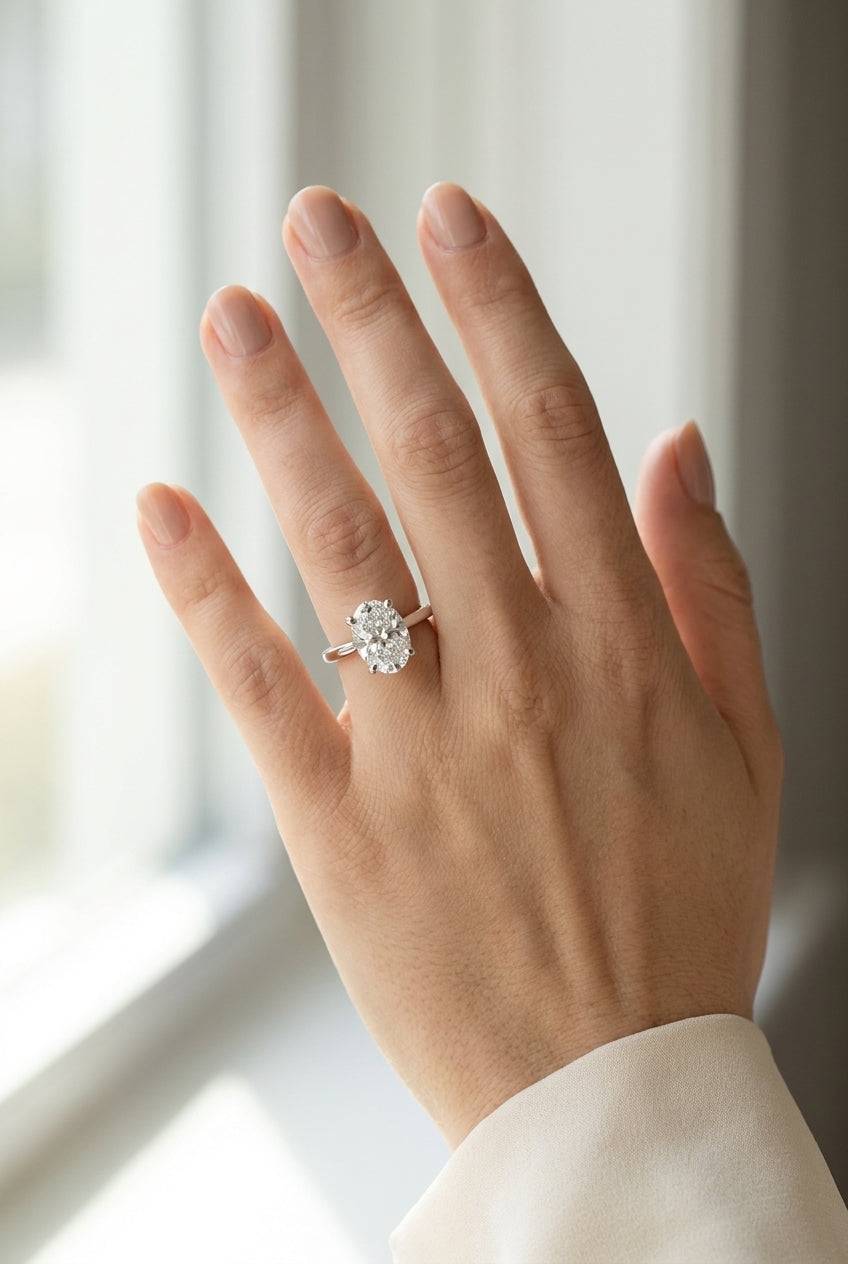 5 carat oval lab grown diamond engagement ring - full hand scale
