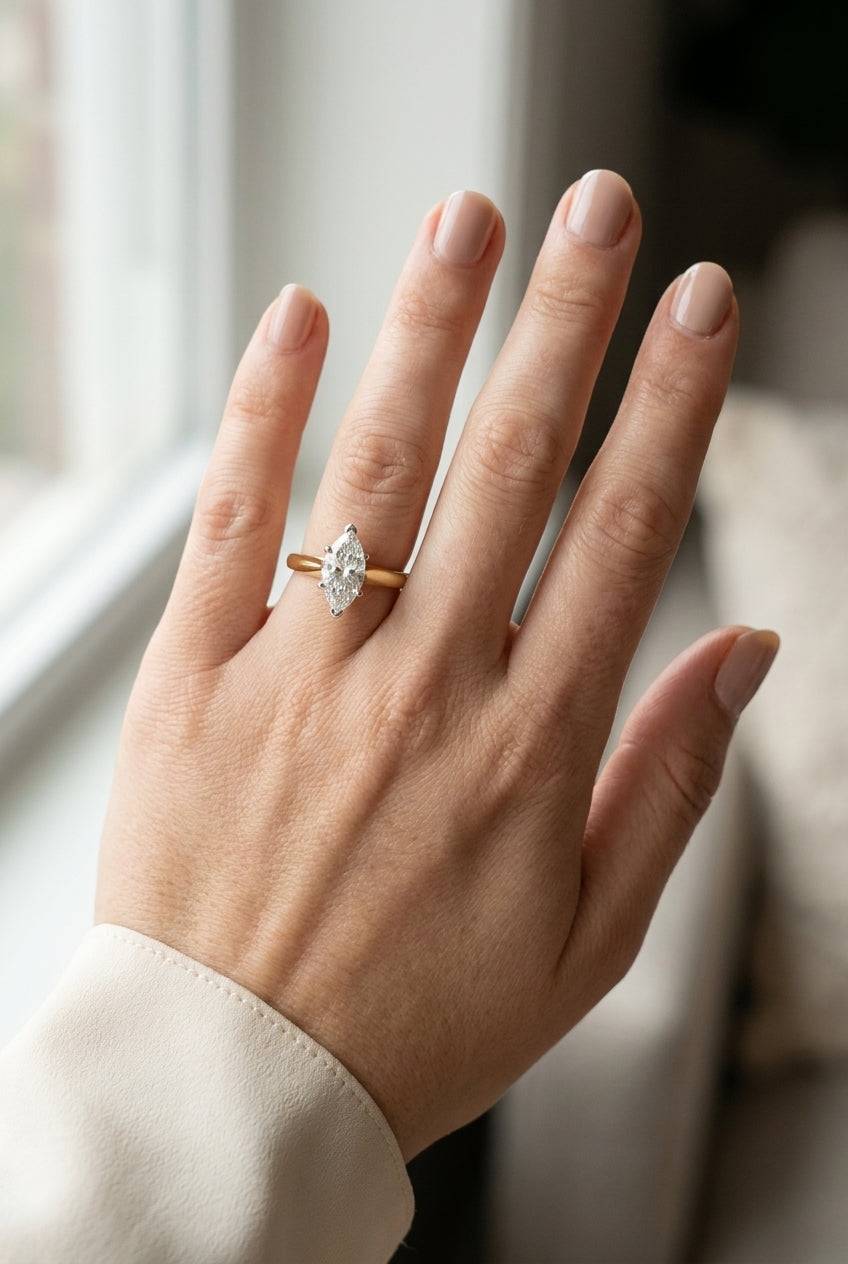 1 carat marquise lab grown diamond engagement ring - full hand scale