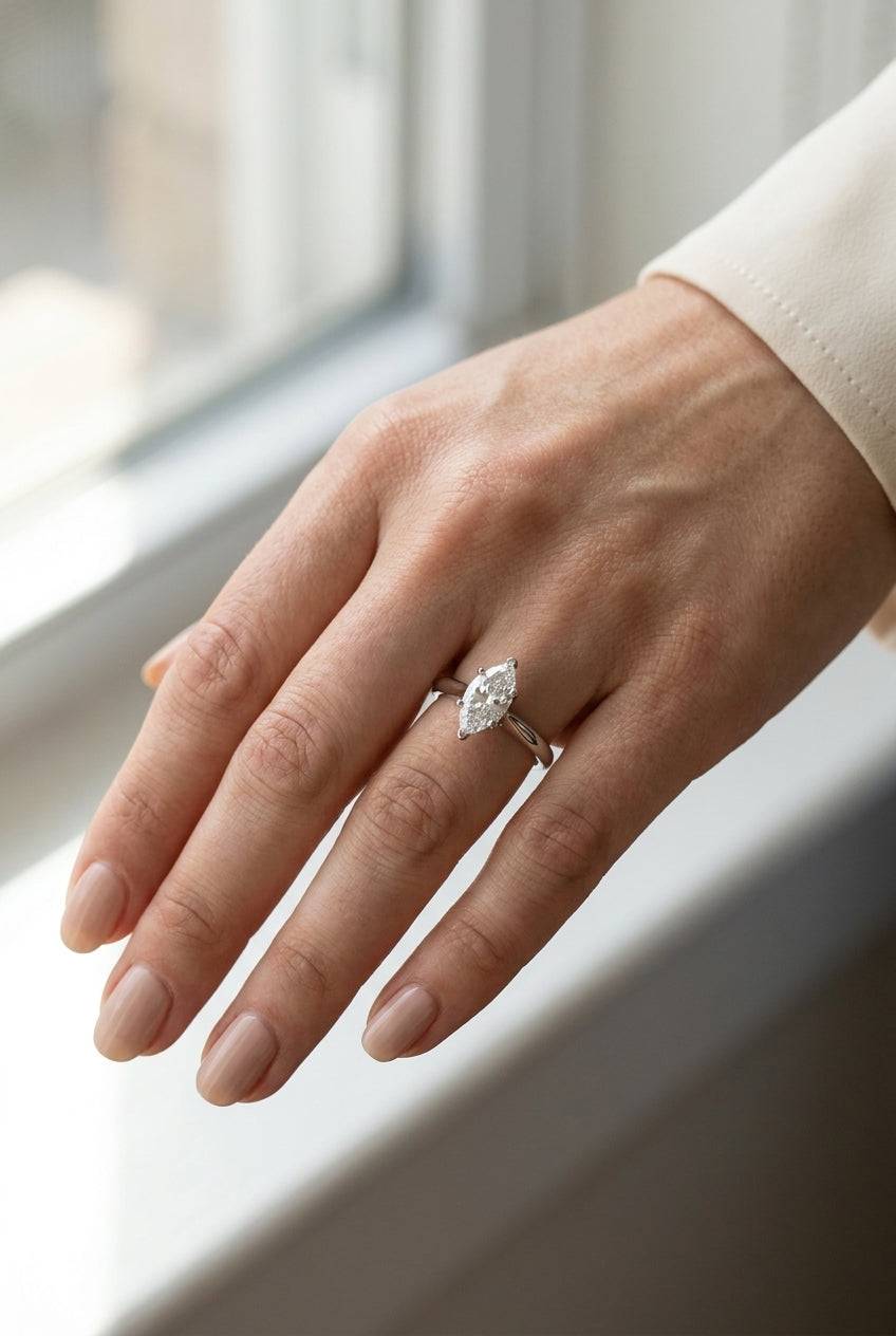 1 carat marquise lab grown diamond engagement ring - full hand scale