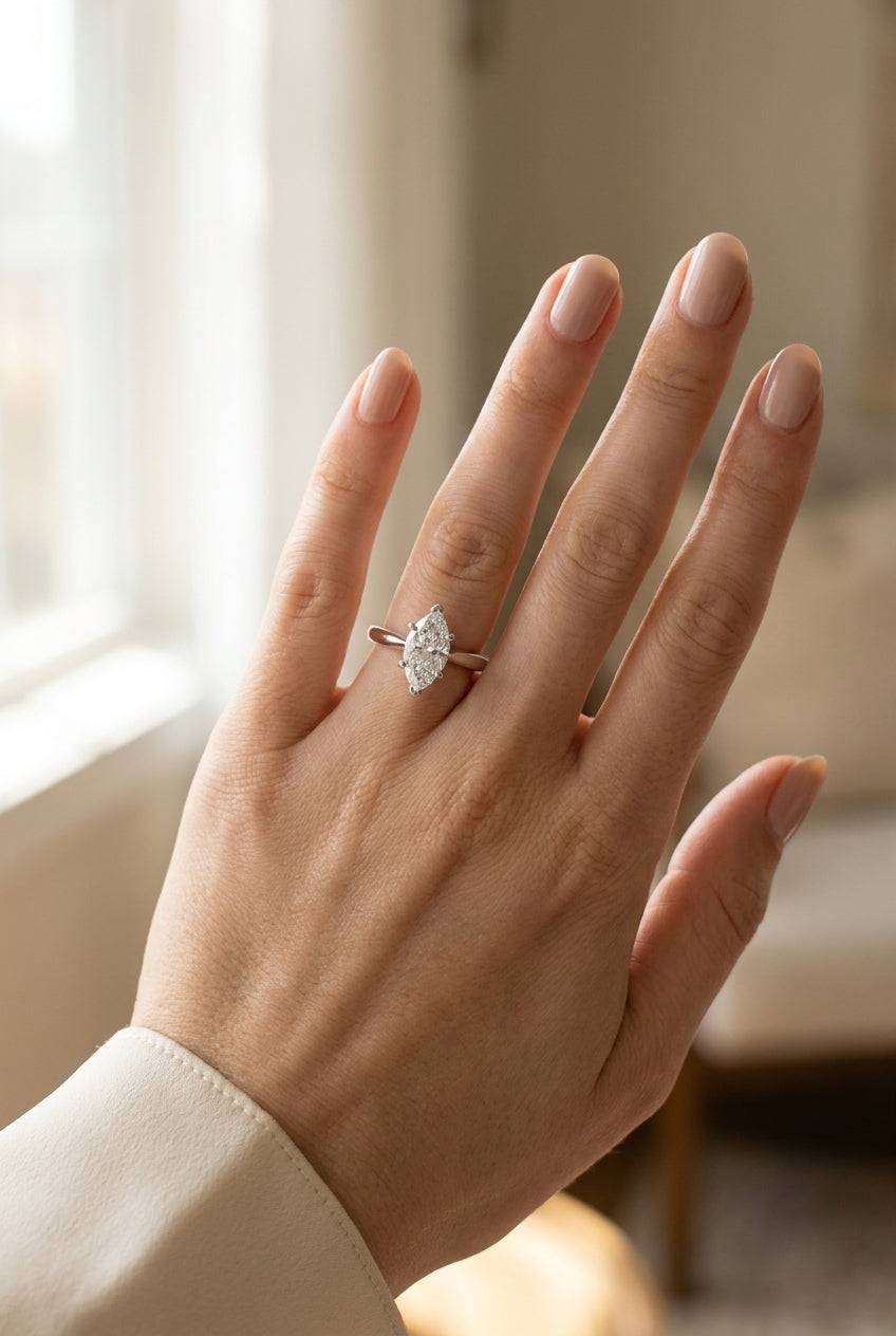 1.5 carat marquise lab grown diamond engagement ring - full hand scale