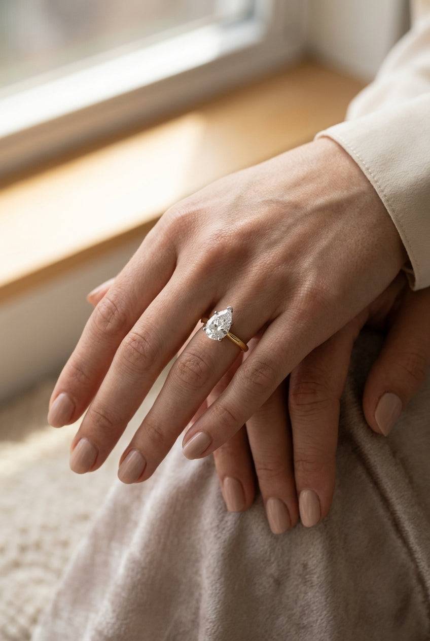 1 carat pear lab grown diamond engagement ring - full hand scale