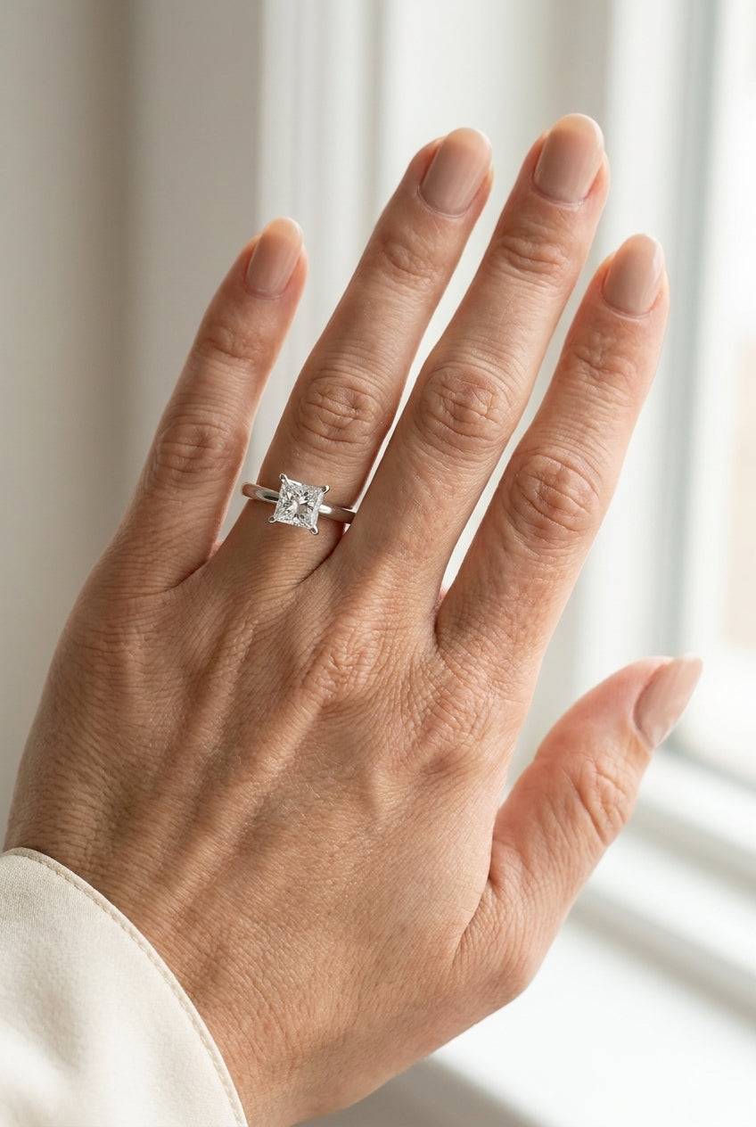 1 carat princess lab grown diamond engagement ring - full hand scale