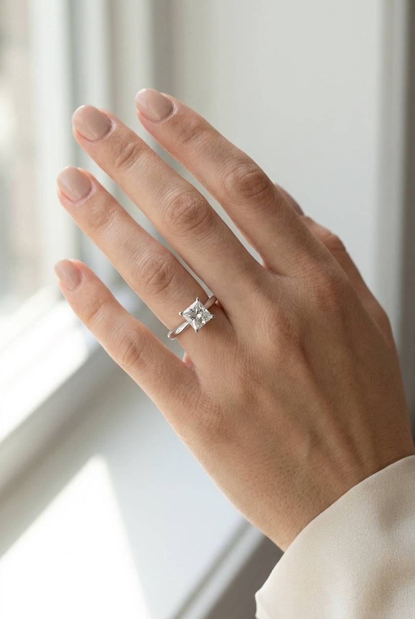 1.5 carat princess lab grown diamond engagement ring - full hand scale