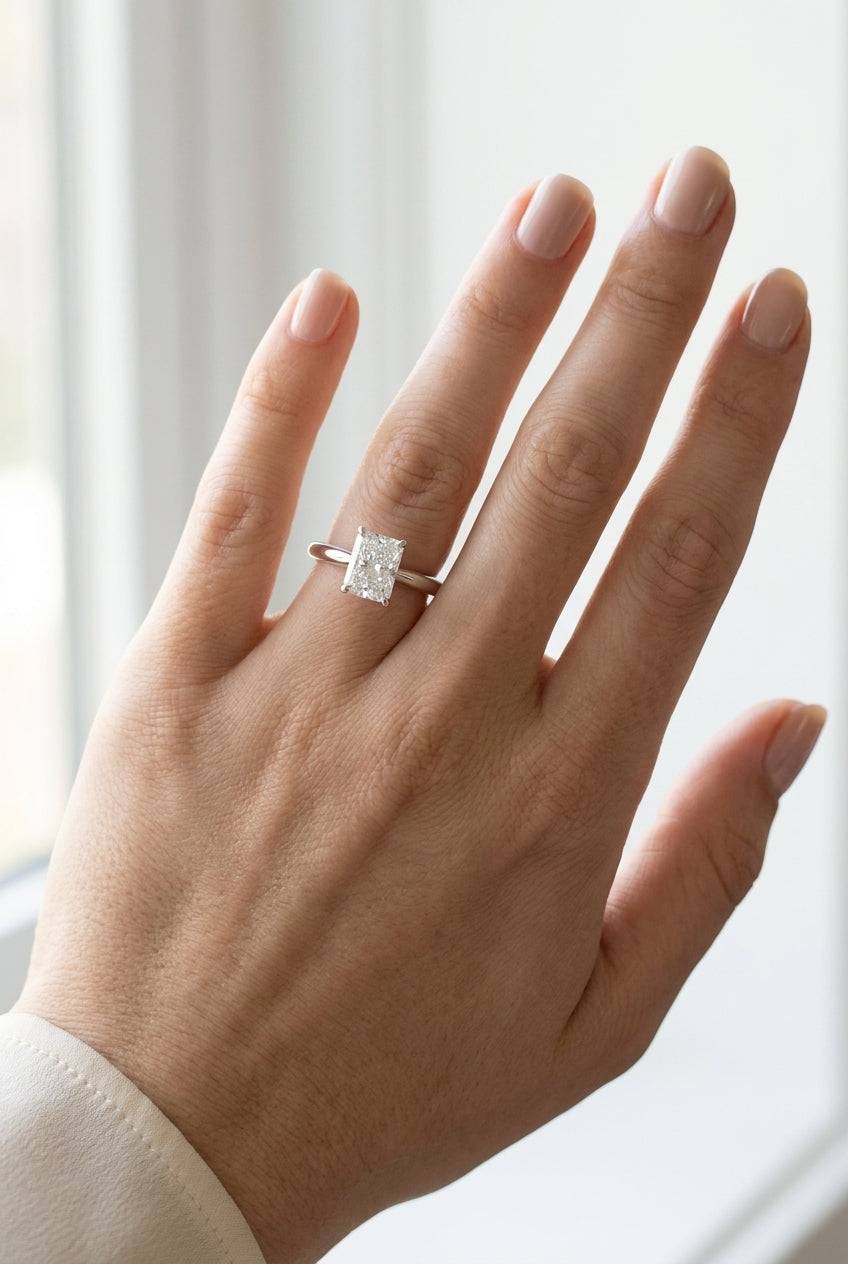 1 carat radiant lab grown diamond engagement ring - full hand scale