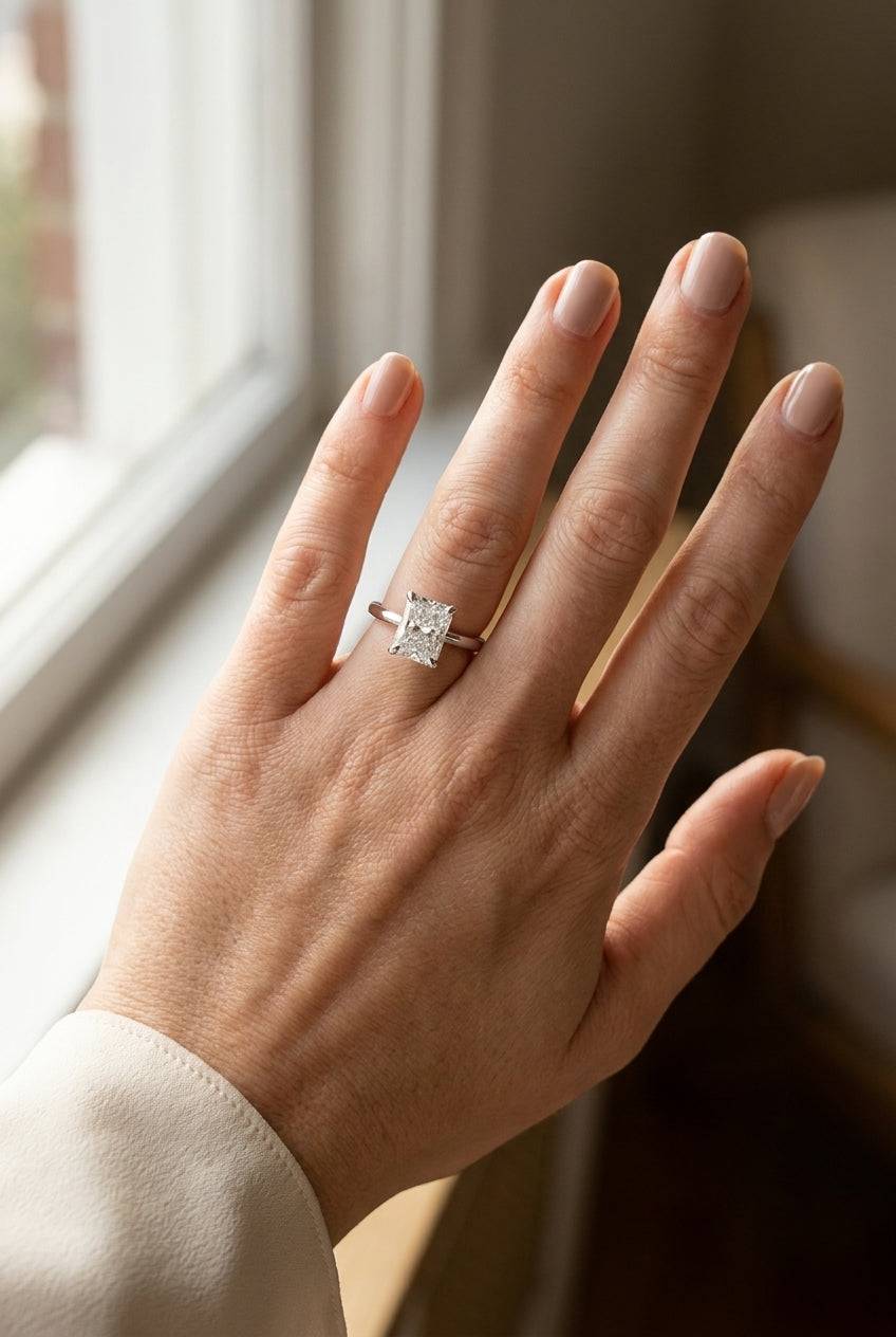 1.5 carat radiant lab grown diamond engagement ring - full hand scale
