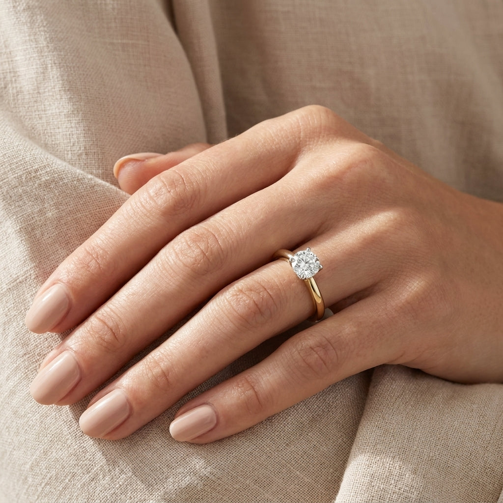 RM12841-200C Round solitaire engagement ring hand-model
