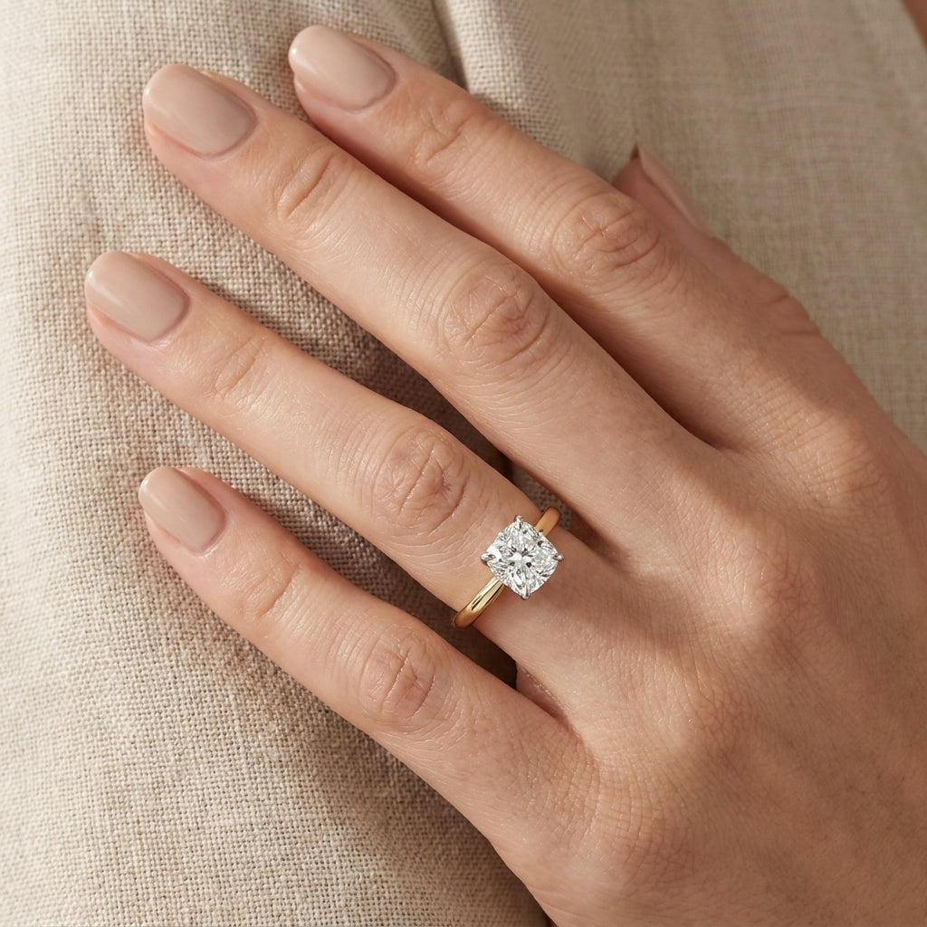 RM12842-100C-LD Cushion solitaire engagement ring hand-model