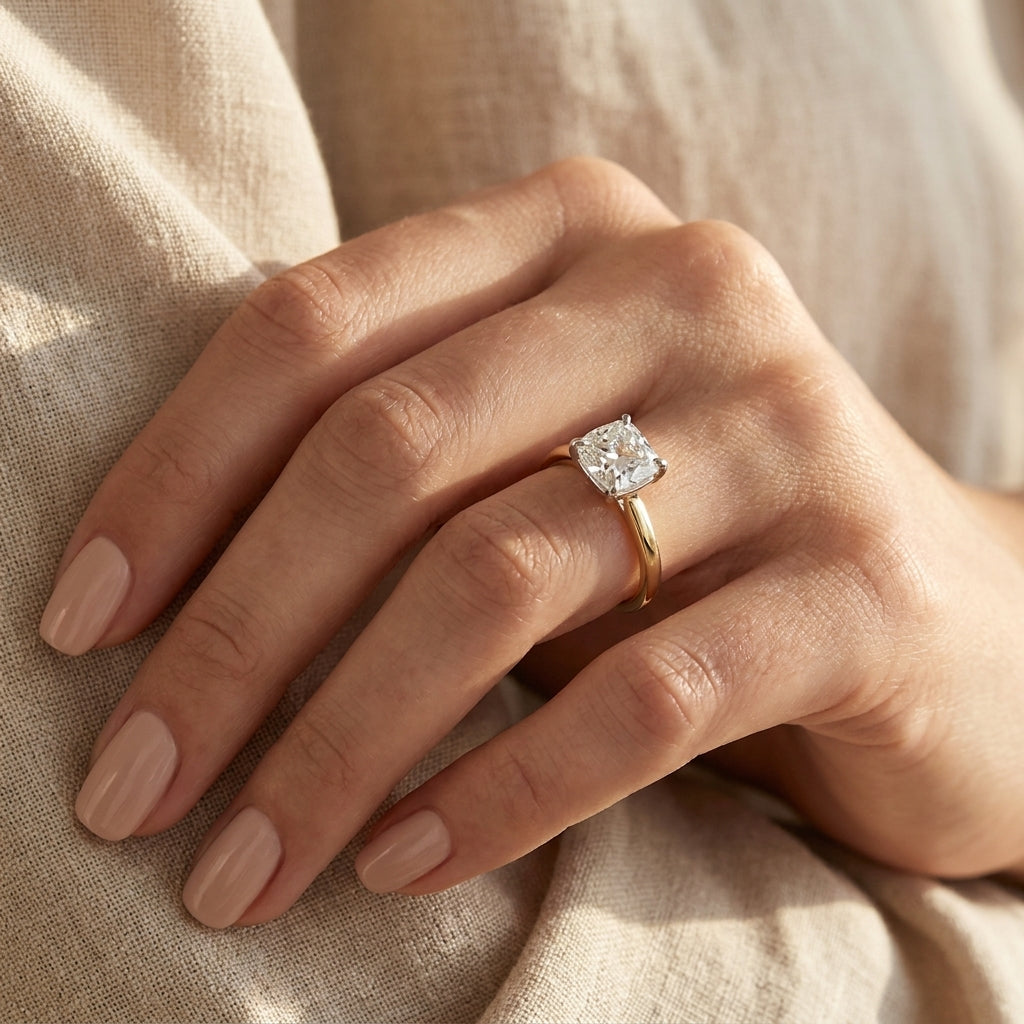RM12842-150C-LD Cushion solitaire engagement ring hand-model