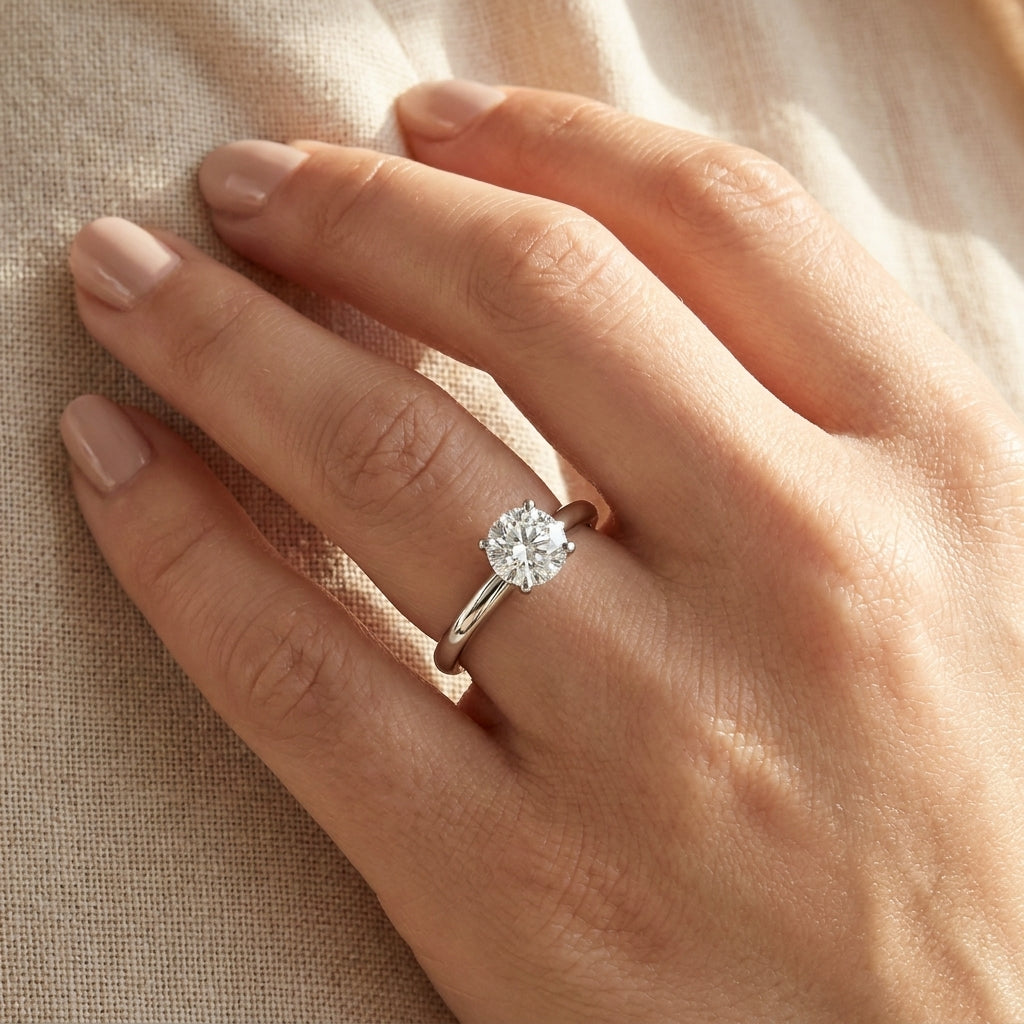 SOL-050R-0WLD Round solitaire engagement ring hand-model