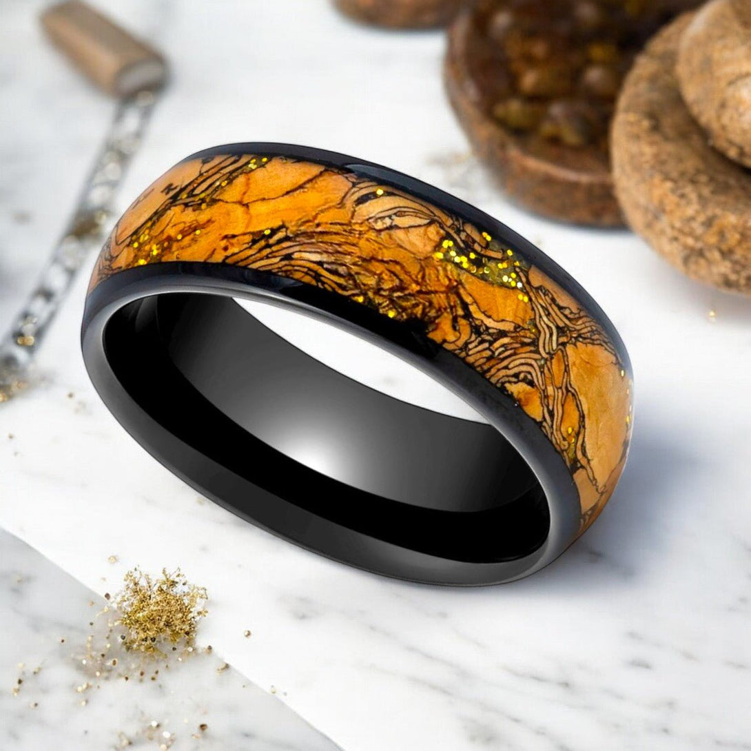 Men's Black Tungsten Ring with Natural Cork and Gold Glitter Inlay - ERMIS Design