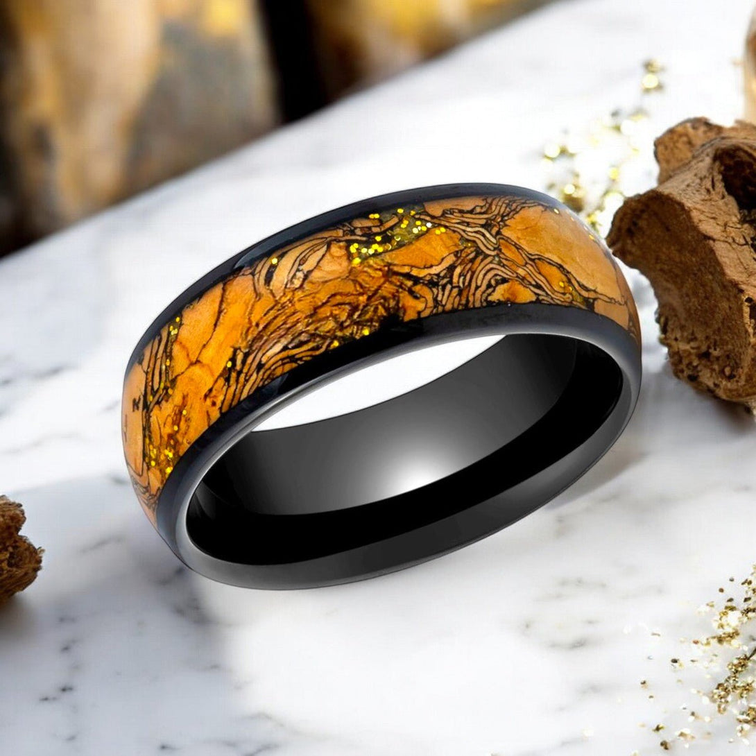 Unique Cork and Gold Glitter Inlay on Black Tungsten Ring by Aydins Jewelry