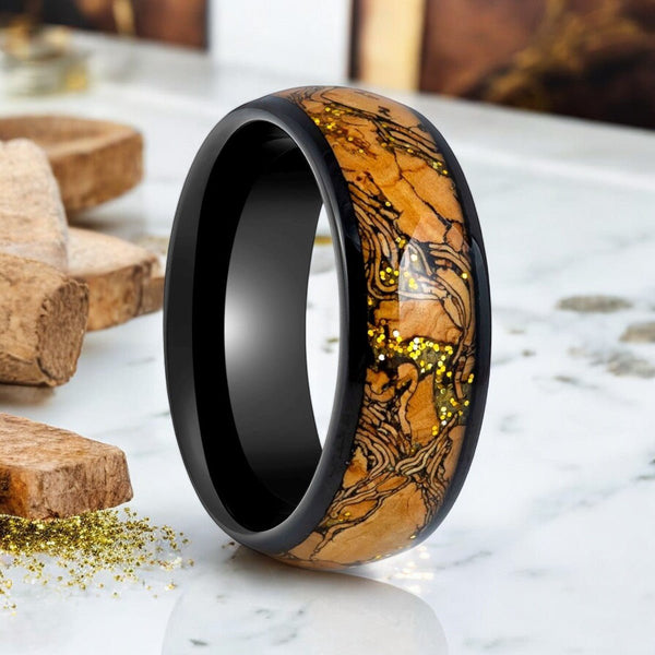 ERMIS Black Tungsten Ring with Cork and Gold Glitter Inlay - Domed Design