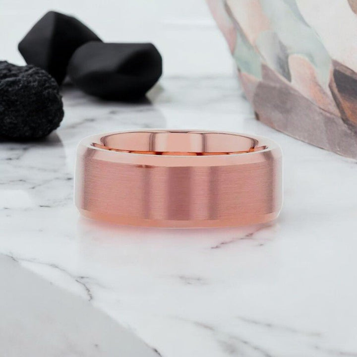 Elegant EROS Rose Gold Tungsten Ring with an 8mm width, perfect for weddings or special occasions.