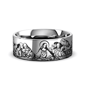 EUCHARIST Silver tungsten Christian wedding ring — angle 1
