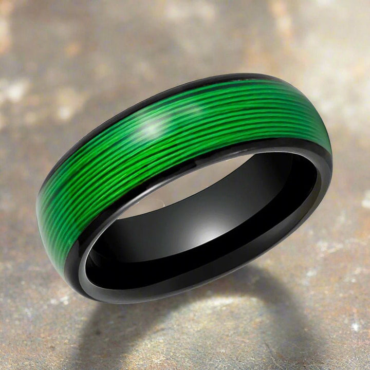 Domed black tungsten ring with vibrant green wire inlay - EVERGREEN by Aydins Jewelry