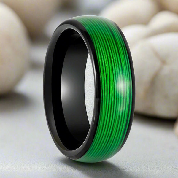 EVERGREEN Black Tungsten Ring with Rolled Green Wire Inlay - Front View