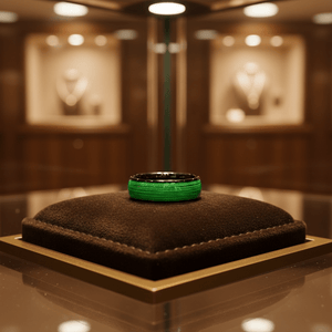 EVERGREEN — Premium boutique display on velvet — men's tungsten wedding ring.