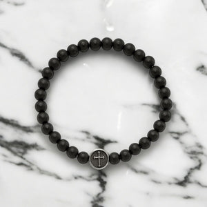 Unisex Black Agate Bracelet with Antiqued Stainless Steel Cross Charm