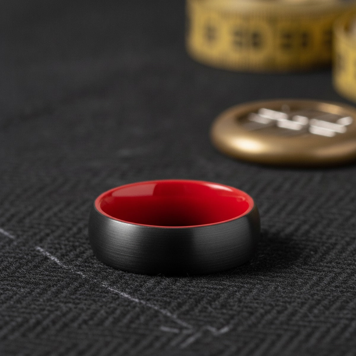 Aydins FERRARI | Red Ring, Black Tungsten Ring, Brushed, Domed lifestyle scene, tailor shop