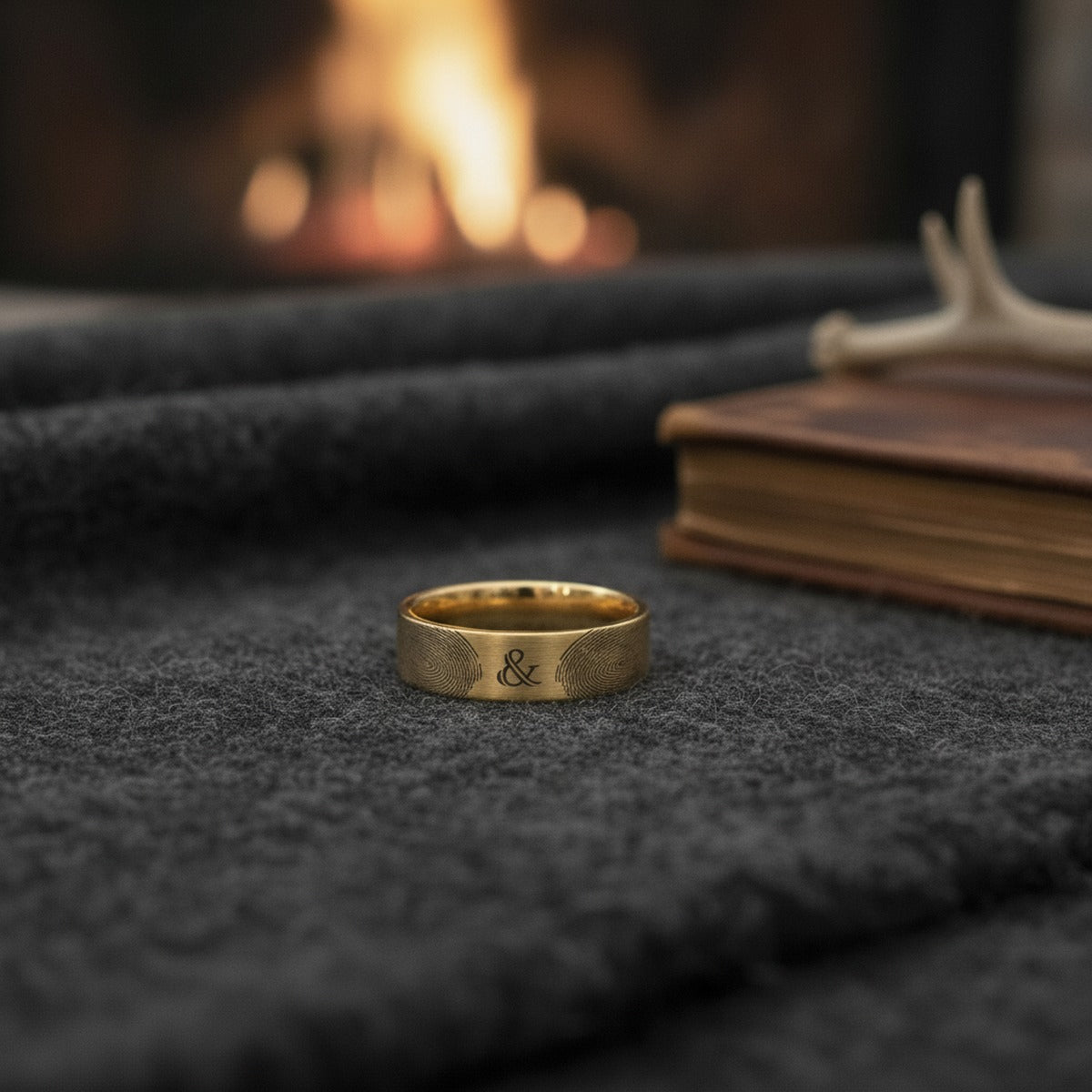 Aydins Fingerprint Ring | Mens Wedding Band, Couple Wedding Ring, Memorial Ring lifestyle scene, hunting lodge antler