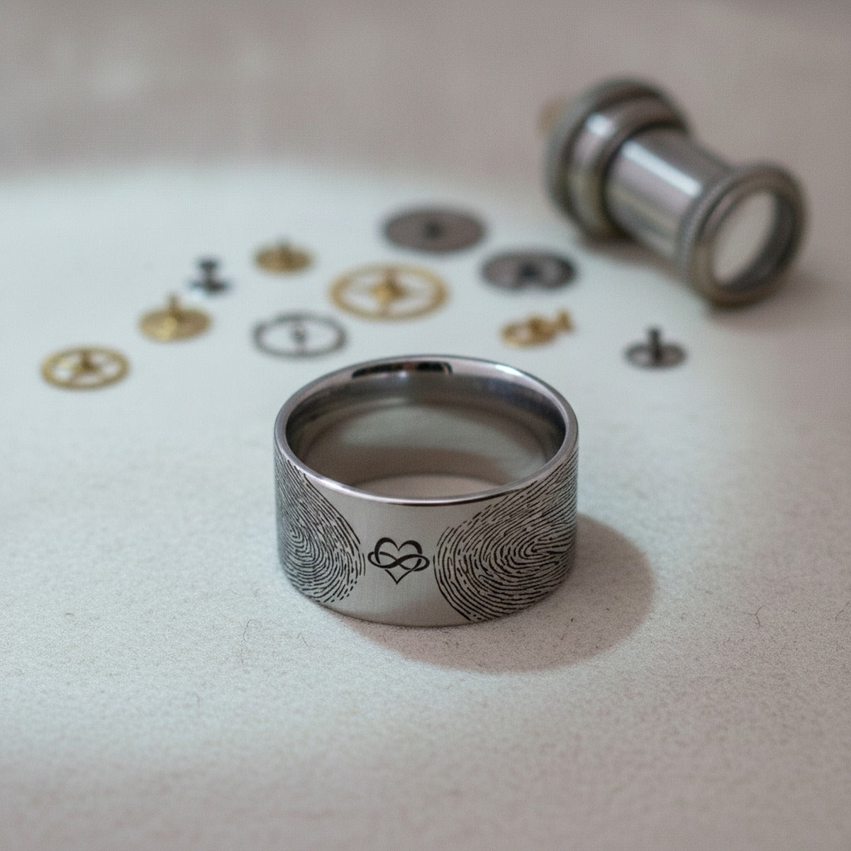 Aydins Fingerprint Ring | Mens Wedding Band, Couple Wedding Ring, Memorial Ring lifestyle scene, watchmaker bench