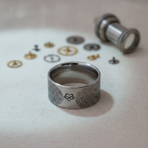 Aydins Fingerprint Ring | Mens Wedding Band, Couple Wedding Ring, Memorial Ring lifestyle scene, watchmaker bench