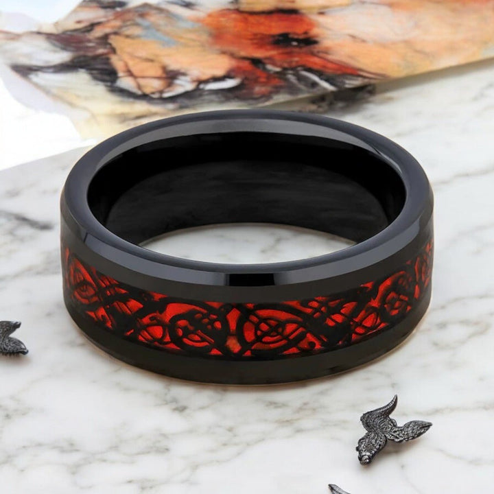 FireForge Ring - Black and Red Celtic Dragon Design