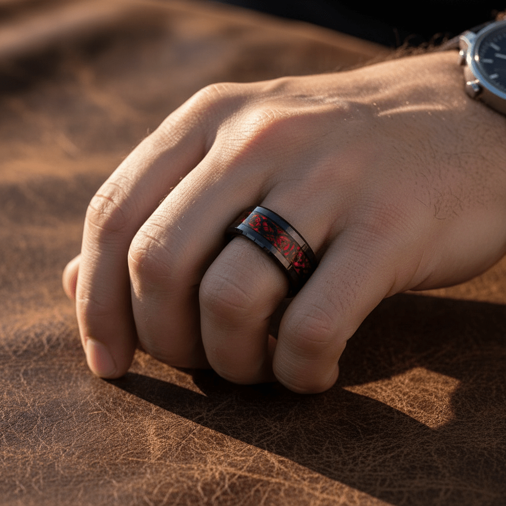 FIREFORGE — Lifestyle photo on hand — men's tungsten wedding ring.