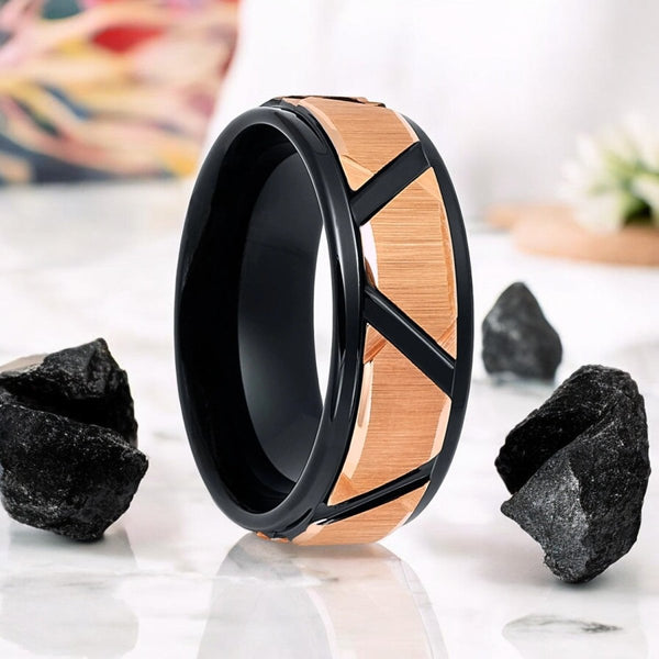 FISONE | Black Tungsten Ring, Rose Gold Trapezoids Design, Stepped Edge