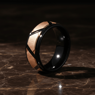 FISONE — Luxury 3/4 angle on dark marble — men's tungsten wedding ring.