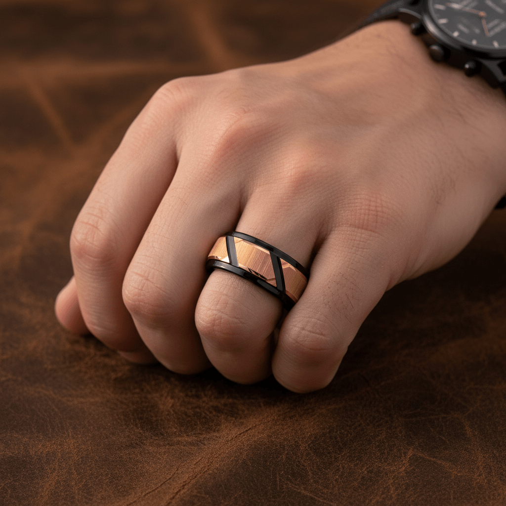 FISONE — Lifestyle photo on hand — men's tungsten wedding ring.