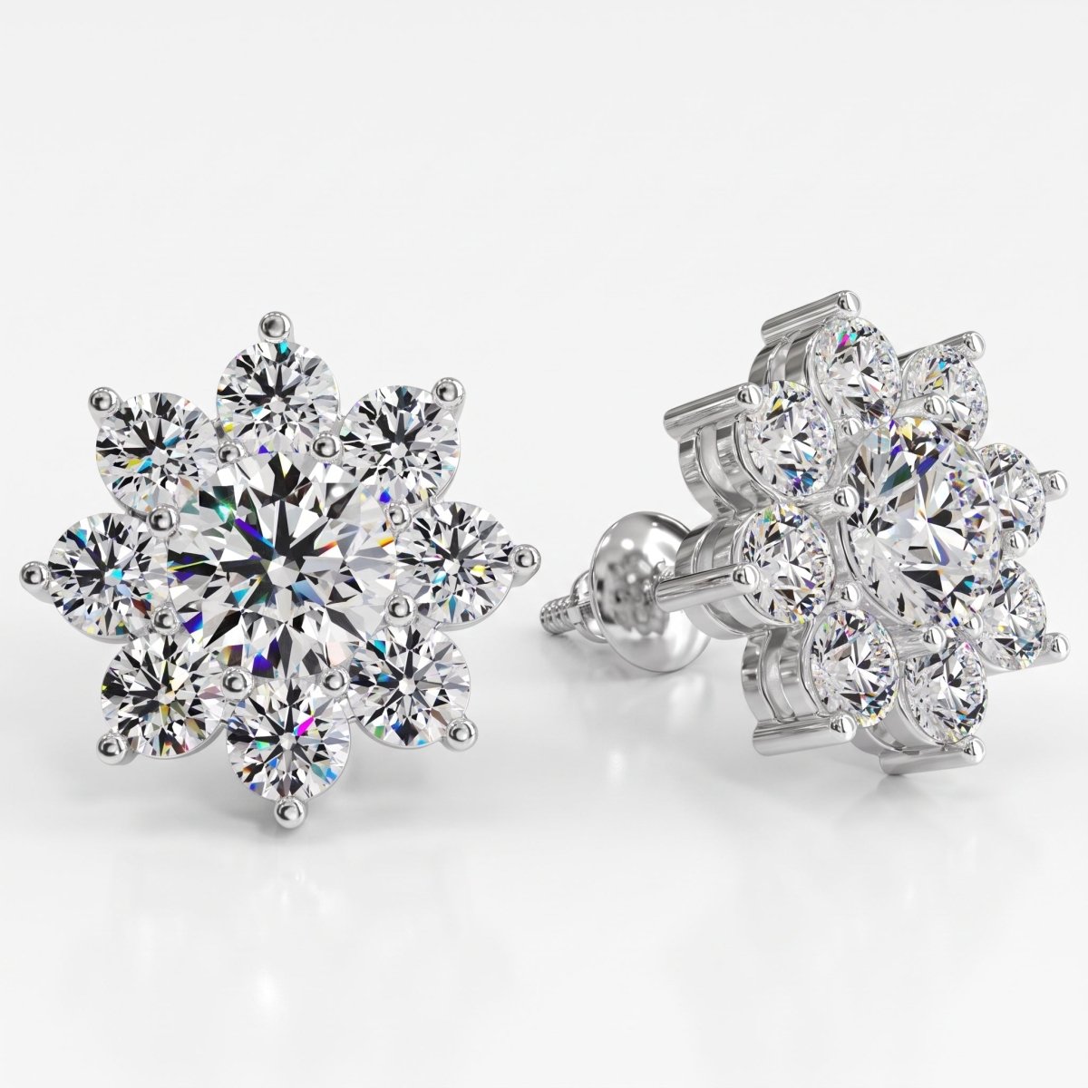 Floral Diamond Stud Earrings, 925 silver earrings studio hero photo on white, lab grown diamonds D color VVS