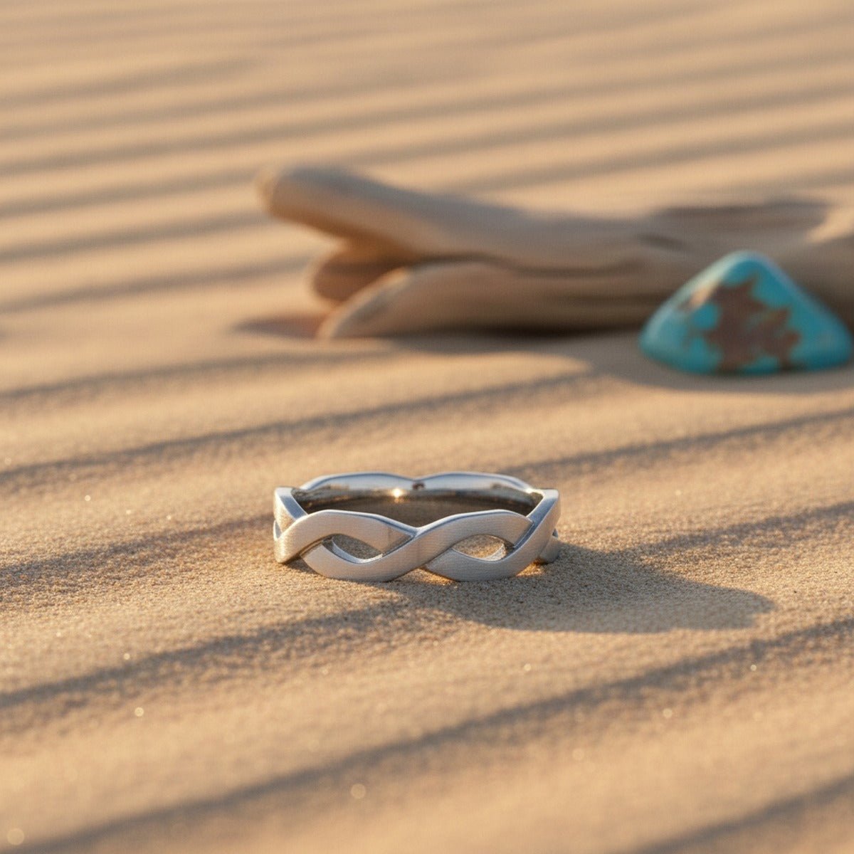 Aydins FOREVER | Tungsten Ring Carved Infinity Symbol Design lifestyle scene, desert dune