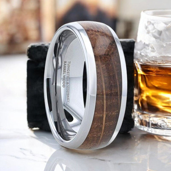 FORMENT silver tungsten ring with whiskey barrel wood inlay and polished edges.