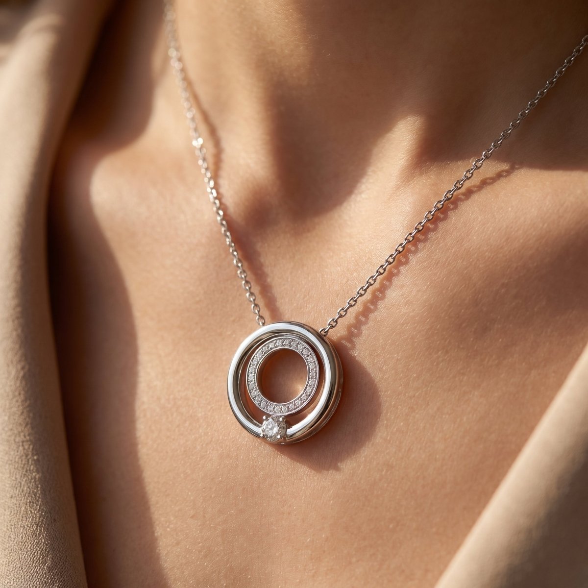 Four Prong Round Diamond Solitaire Necklace 925 silver lab grown diamond necklace worn lifestyle photo