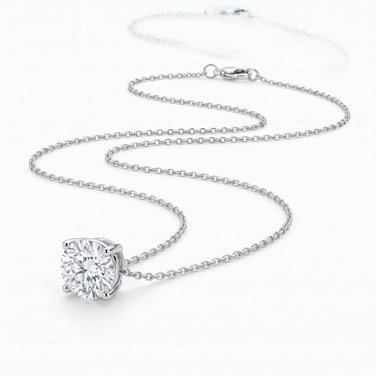 Four Prong Round Diamond Solitaire Necklace 925 silver lab grown diamond necklace studio photo