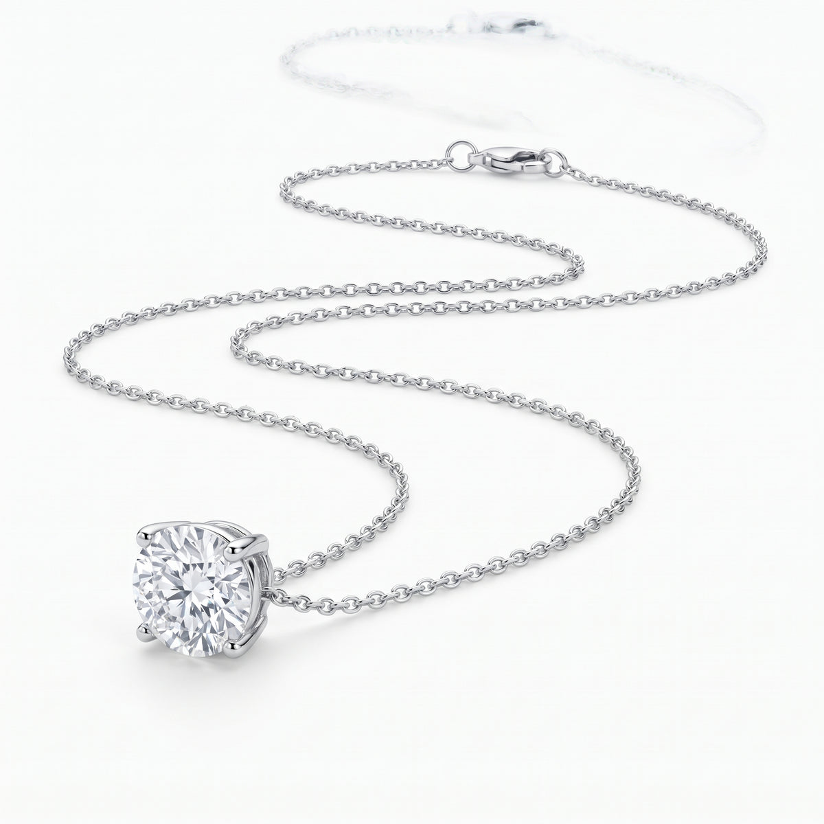 Four Prong Round Diamond Solitaire Necklace 925 silver lab grown diamond necklace studio photo