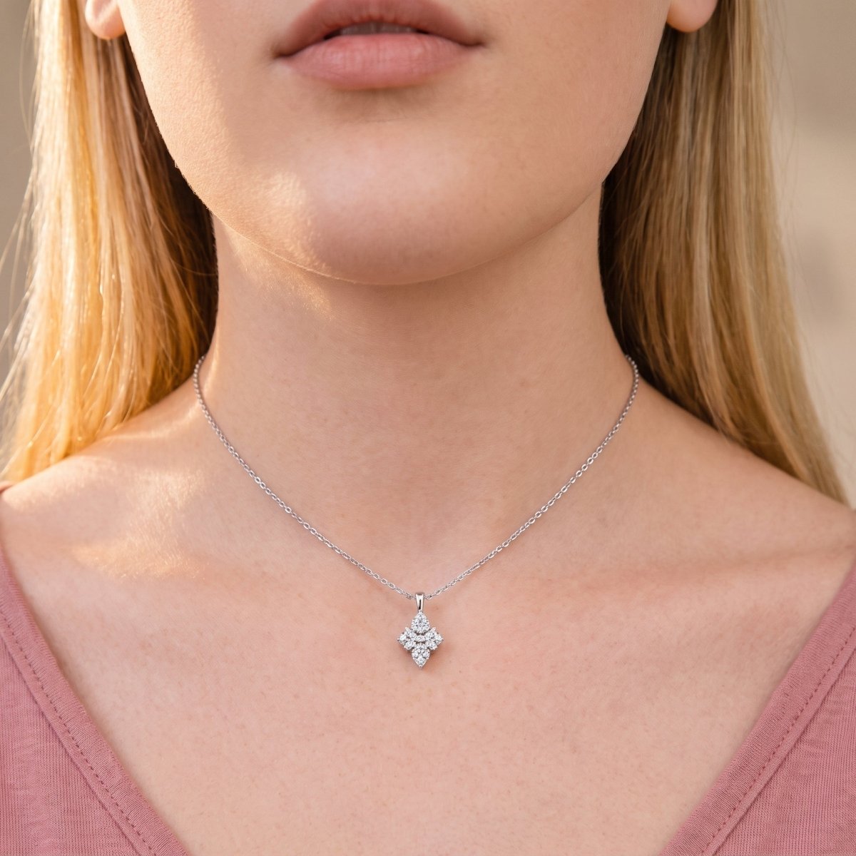 Four Stone Round Diamond Pendant With Chain, 925 silver diamond pendant worn on neck lifestyle photo