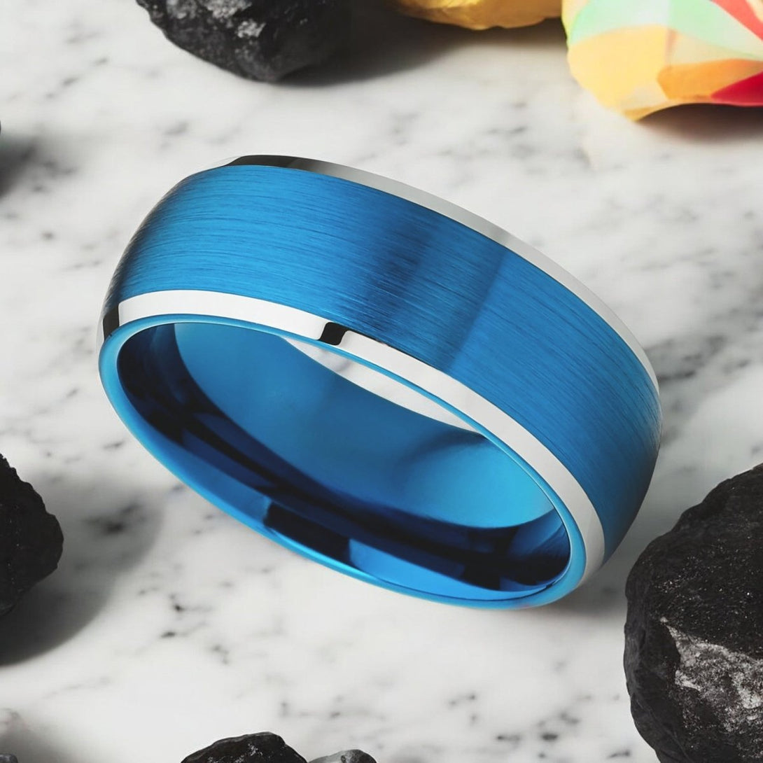 Frostwayne Ring in blue tungsten with brushed surface and polished edges