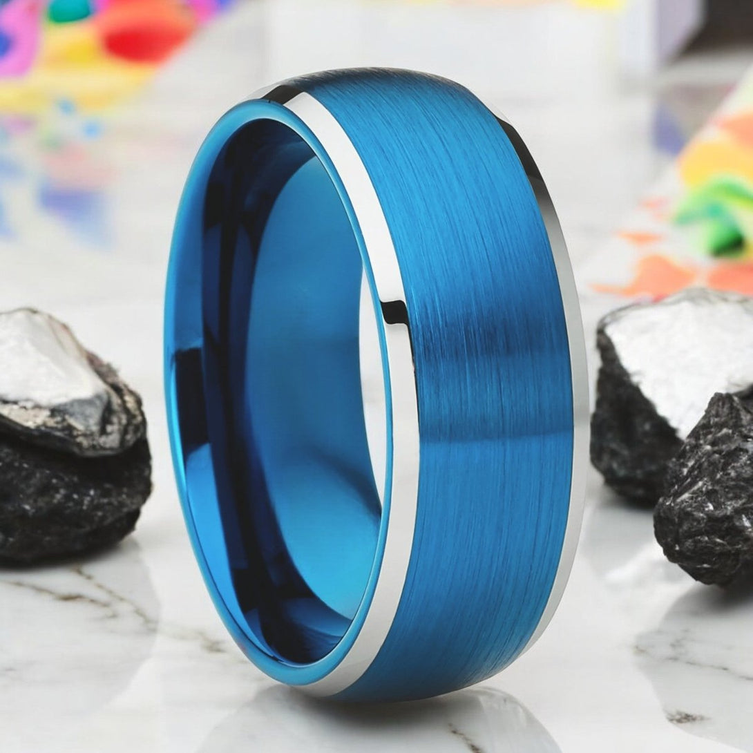 Frostwayne Blue Tungsten Ring with brushed finish and silver beveled edges