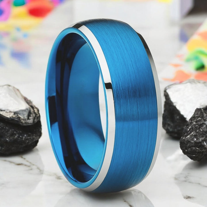 Frostwayne Blue Tungsten Ring with brushed finish and silver beveled edges