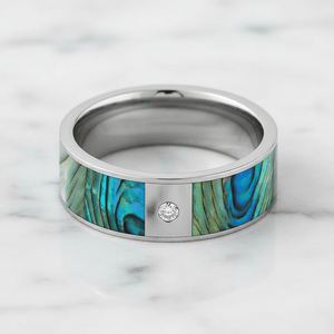 Mother of Pearl inlay 14k yellow gold wedding band 8mm with diamond, additional view 9