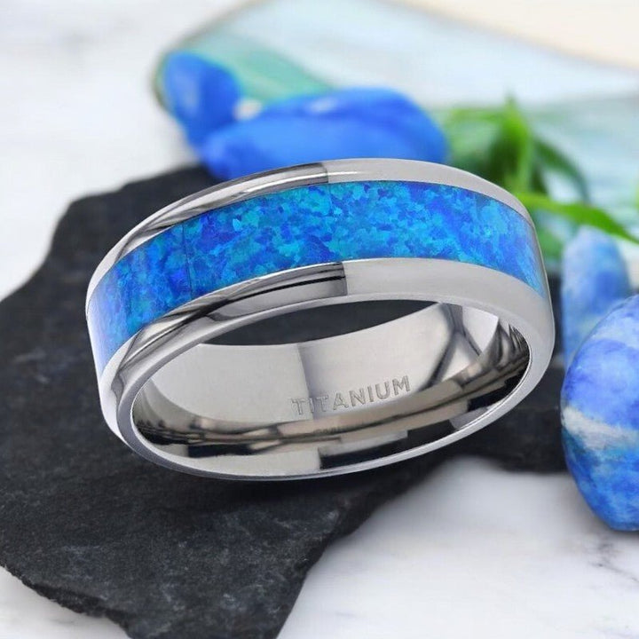 GALAXY titanium wedding band featuring vibrant opal inlay and sleek polished edges - Aydins Jewelry.